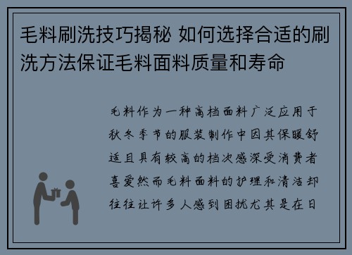 毛料刷洗技巧揭秘 如何选择合适的刷洗方法保证毛料面料质量和寿命