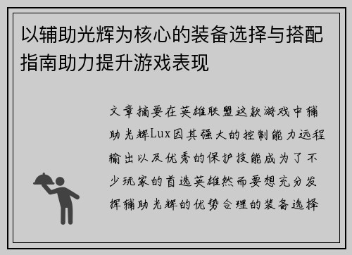以辅助光辉为核心的装备选择与搭配指南助力提升游戏表现